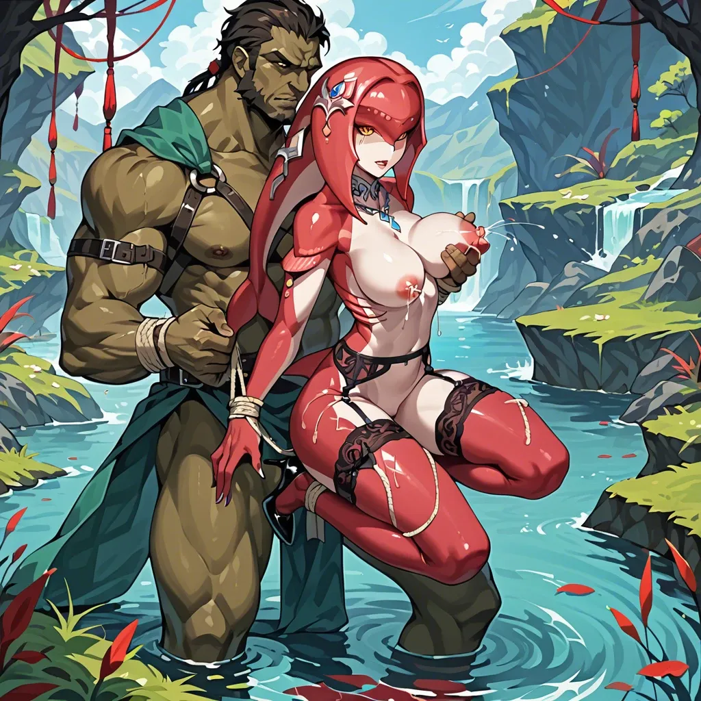 Mipha,glowing eyes,high heels,stockings,dressed,lactating,in river,emotionless face,tied hands,garter belt,sex with ganon,glowing necklace