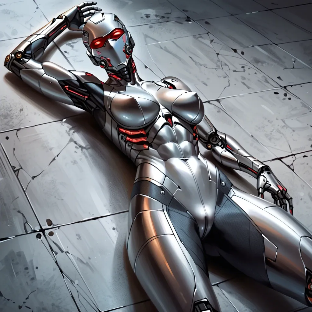 cyborg girl, robotic hands, robotic legs, fit body, robotic face mask, metallic tight bodysuit, better details, better quality, high-quality details, high quality, 4k, more resolution, lying on floor