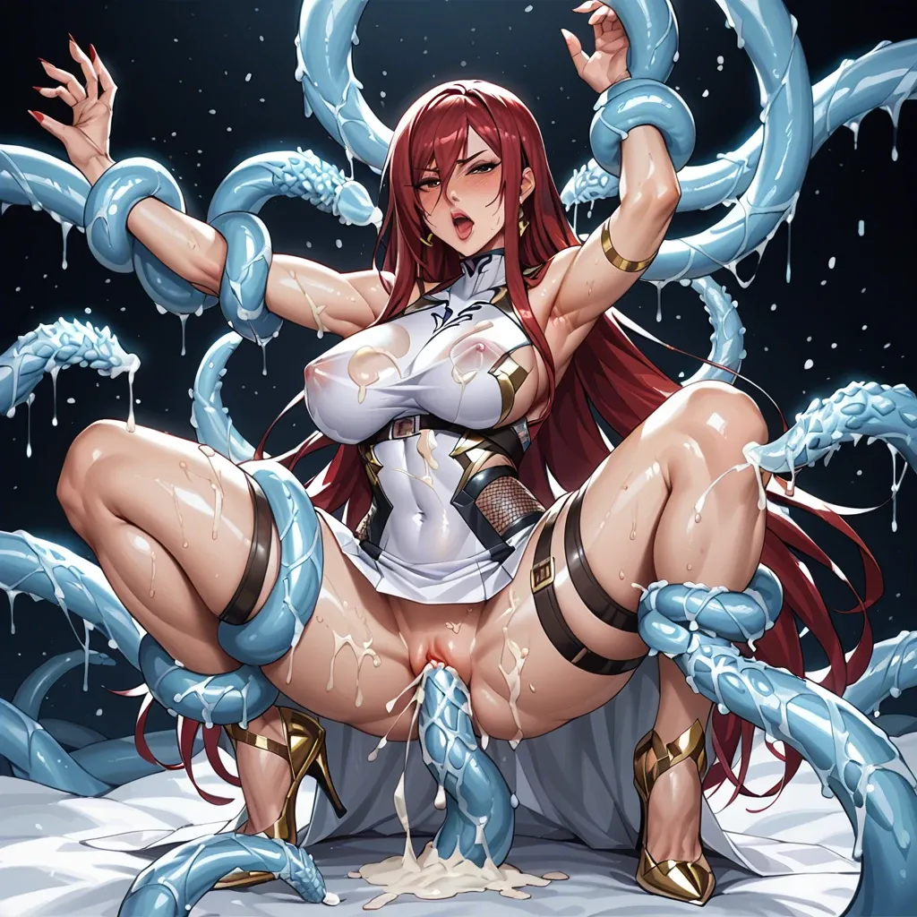 Red taimanin tight tunic, black taned limbs, many gold lines on body, sex with ice snow tentacles, high heels, cute face, many cum background, Erza Scarlet, neon gold lines on body, Huge body, Dancing prostitute, white navel, crystal in the navel,  navel with piersing, navel with crystal, anal penetrated by snow tentacles, back view