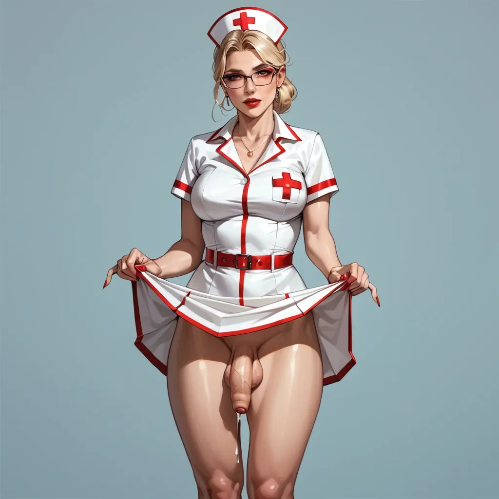 Futanari young sexy cute sweet submissive innocent Teeny blonde Latex nurse, big glasses, Red lips, Lifting skirt, foreskin, flaccid, dripping