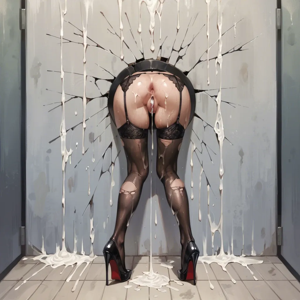 realistic realistic,full detailed,ultra detailed, high resolution, perfect anatomy,black garter belt,sweaty,torn pantyhose, through wall, stuck, lower body, high heels, glory wall, cum everywhere, cumdump, cumdrip, used condom everywhere, after sex, weak legs