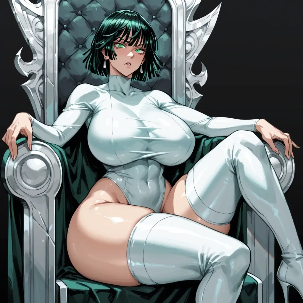 1 girl, Fubuki (one punch man), brilliant eyes, sitting on throne, black background, full wearing, massive ass, huge breast, tight clothes, focus upper body, ultra high quality