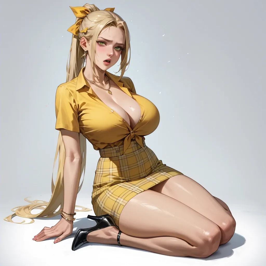 1 girl with a pretty face,huge breasts , slim waist , wide hips, huge butt, green eyes, long ponytail Blonde hair, yellow cleavage shirt, yellow plaid skirt, necklace, hair ribbon, bracelet,black high heels, ((brutally fucked in a reverse cowgirl position by a monster)), (creampie)