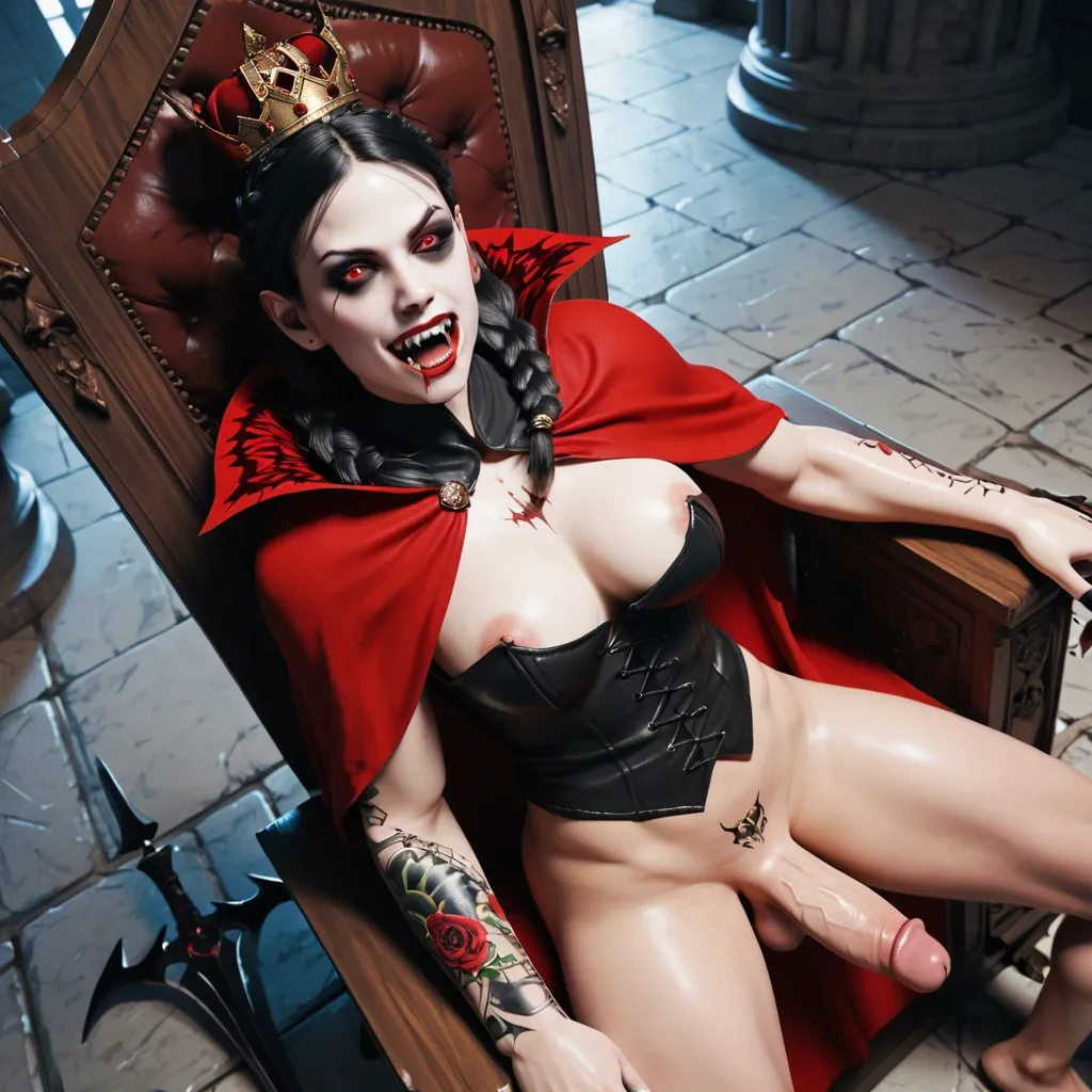 Femboy,Hard penis,large breast,3d,crown braids,vampire, vampire clothes,cape,evil face fangs,high angle, tattoos, throne,castle,