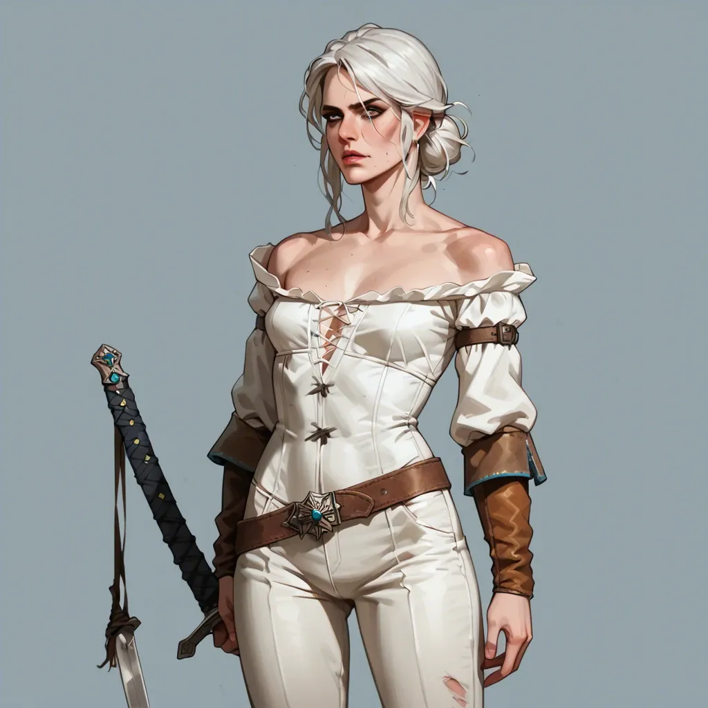 Ciri,the witcher,petite body,long white hair,bangs,witcher outfit,long pants,sword