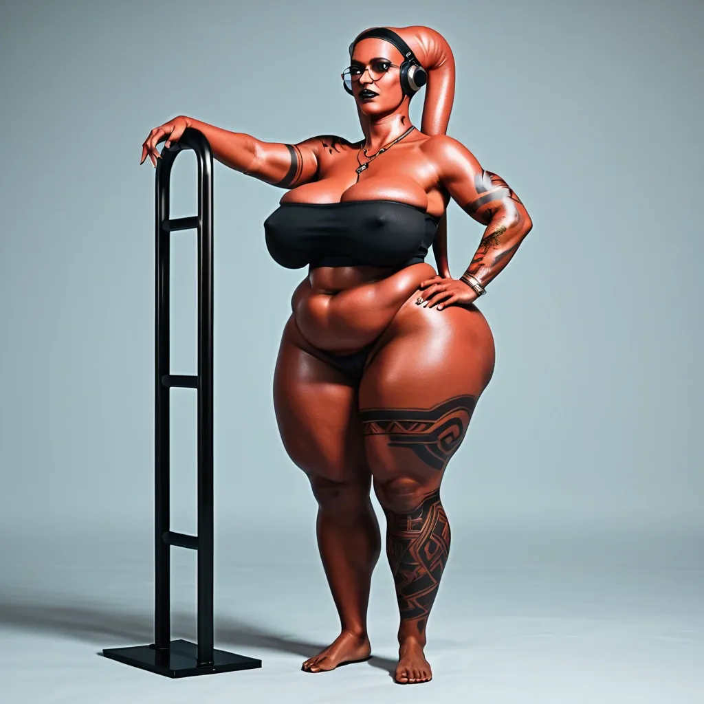 3d, indian Hindi twi'lek, covered ears, red skin black full body tattoos, sagging breasts, hyper black lips, thick black rim glasses, black tube top, obese, slutty