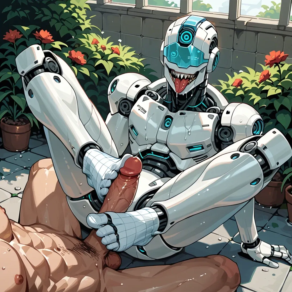 2 robots, smile, visible tongue, sharp teeth, in garden, wet, footfetish, robot face, in socks, legs up, silicon hair, sits on dick