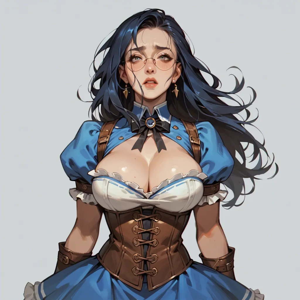 cute fantasy adventurer girl with dark blue hair. She has skirt, corset, big breasts, round glasses