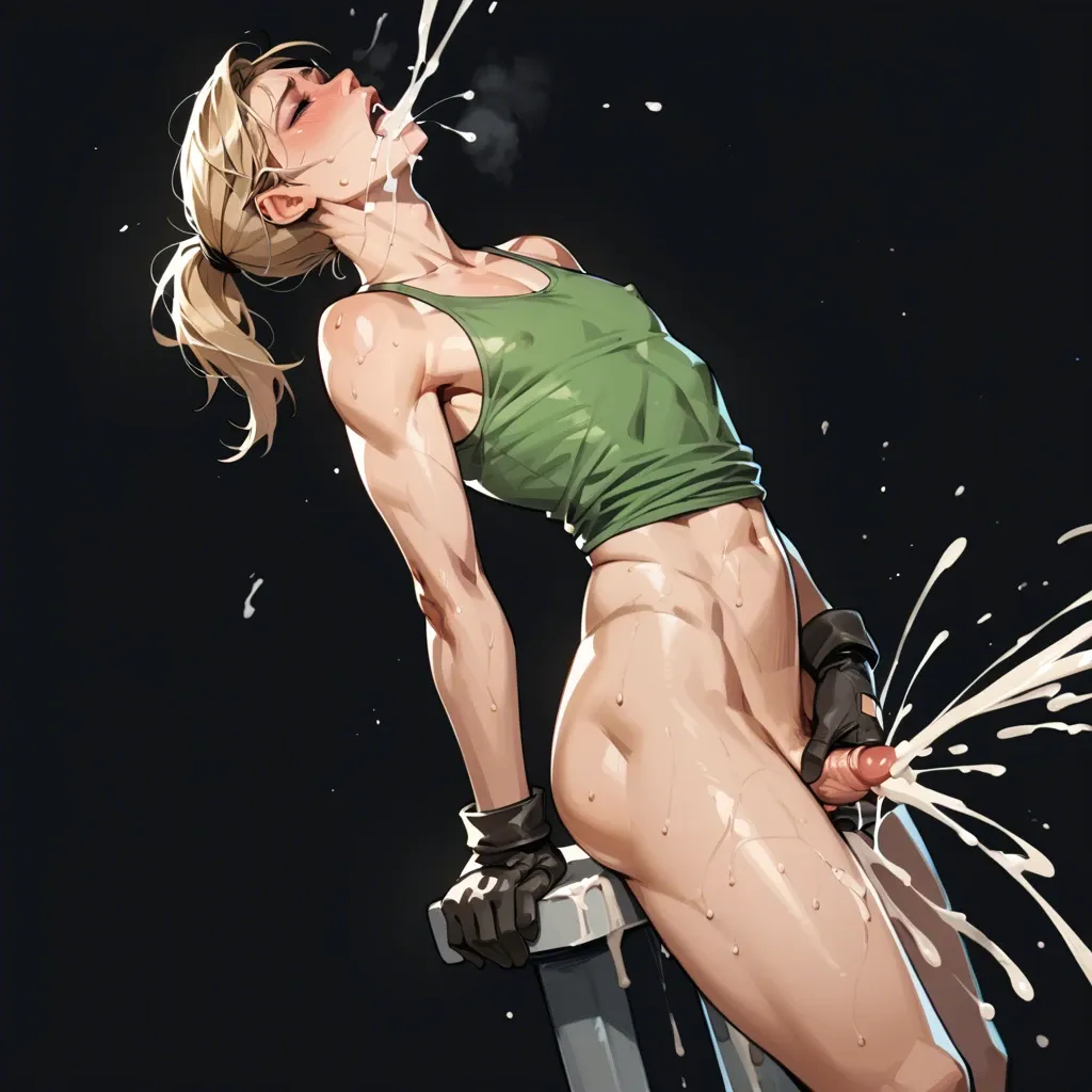 cassie cage, femboy, masterpiece, cumshot, (hyper cum, :1.5), (excessive spraying cum:1.6), orgasm,masturbation, simple backrgound, black background, green tank top, gloves,