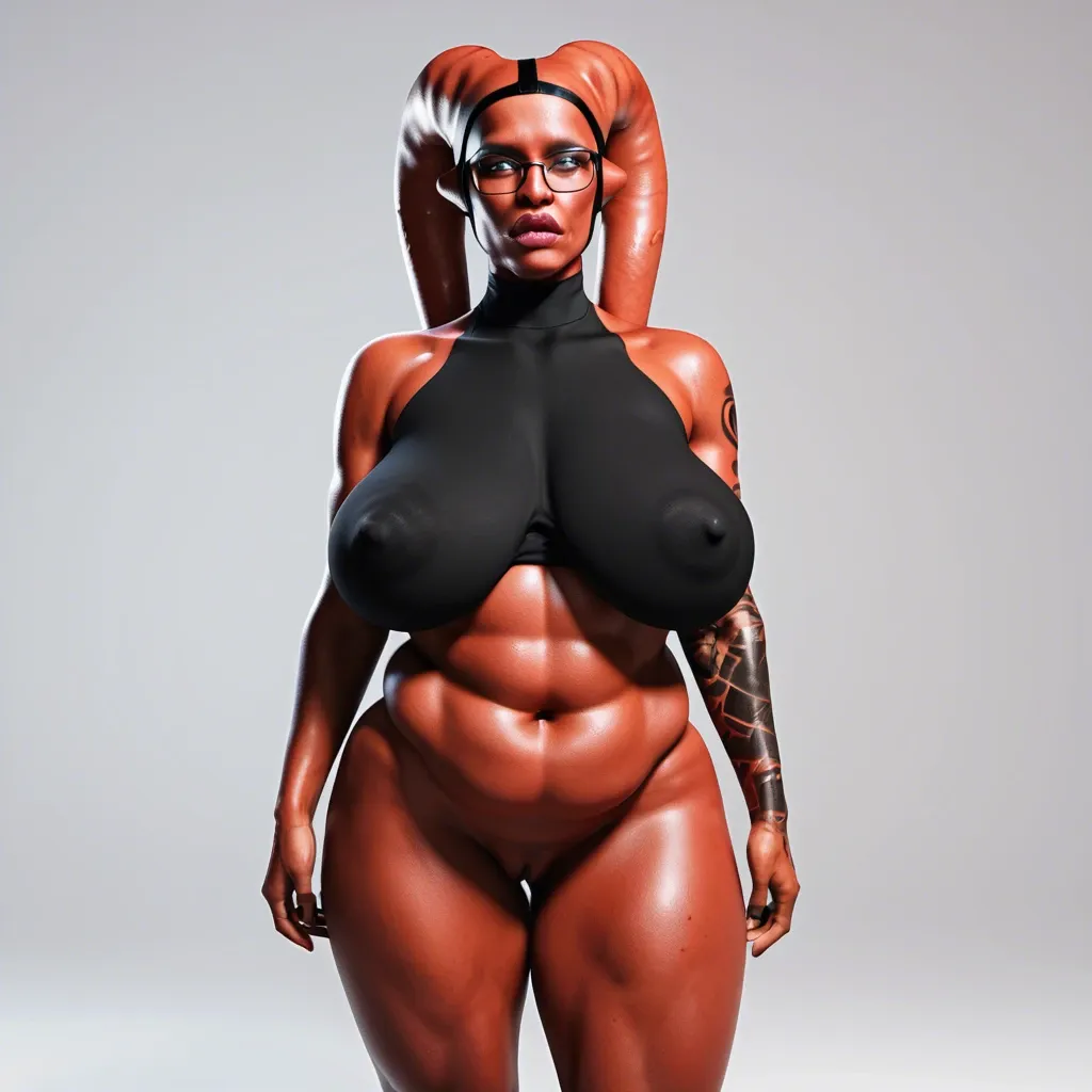 3d, indian Hindi twi'lek, covered ears, red skin, black tattoos, sagging breasts, hyper lips, thick black rim glasses, black tube top, obese, slutty