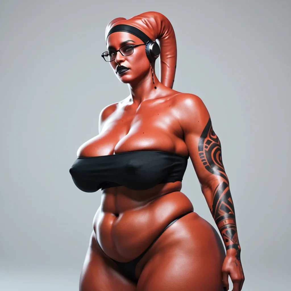 3d, indian twi'lek, covered ears, red skin black tattoos, sagging breasts, hyper black lips, thick black rim glasses, black tube top, obese, slutty