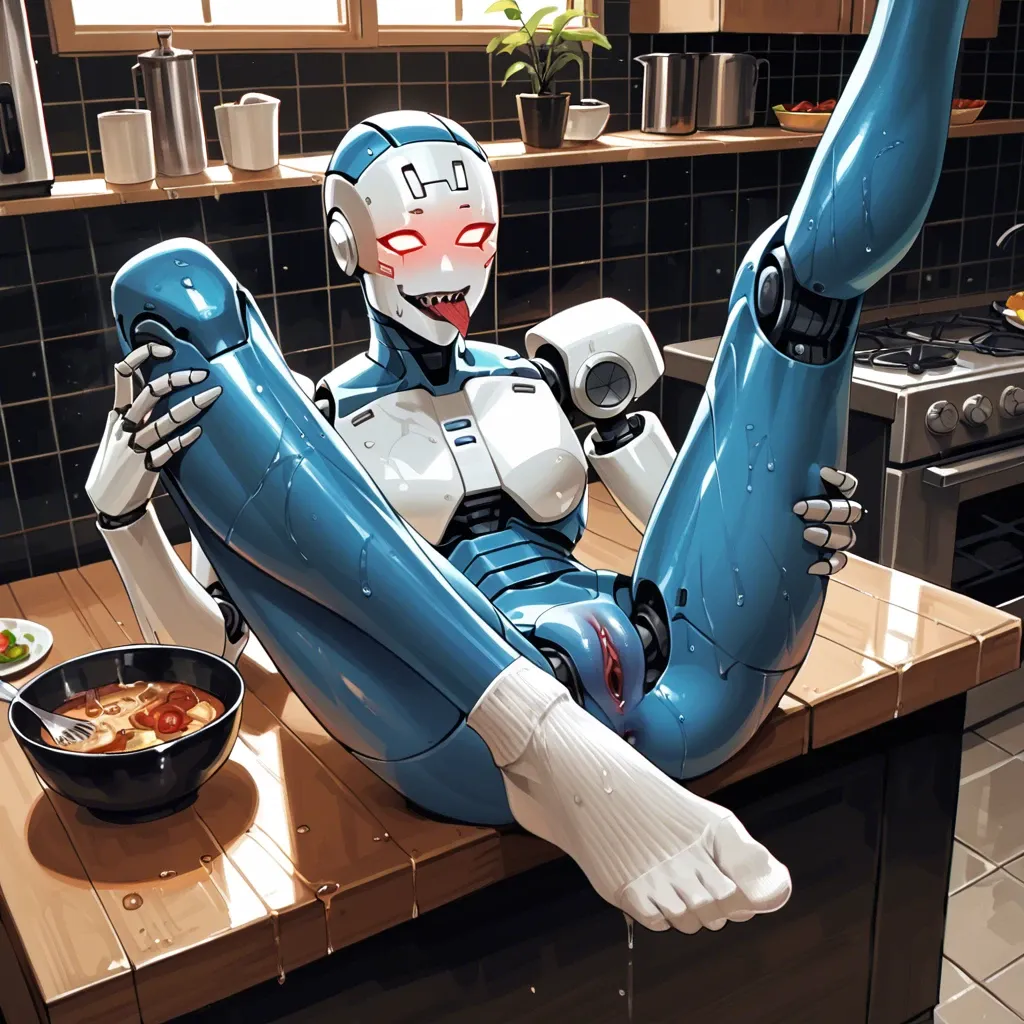 robot, smile, visible tongue, sharp teeth, in table, kitchen, night, wet, footfetish, robot face, in socks, legs up