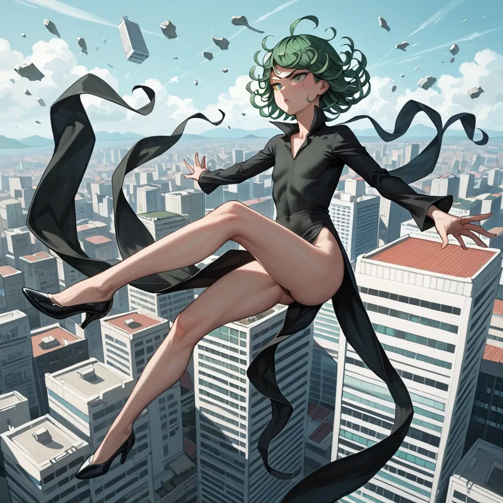 1girl, solo, , , , character tatsumaki, (perfect face: 1,2), (beautiful green eyes: 1,1), (very skinny), in black dress with long sleeve, in black heel, floating in the air, background is city, (side view: 1,1), back view, manga effects, motion lines