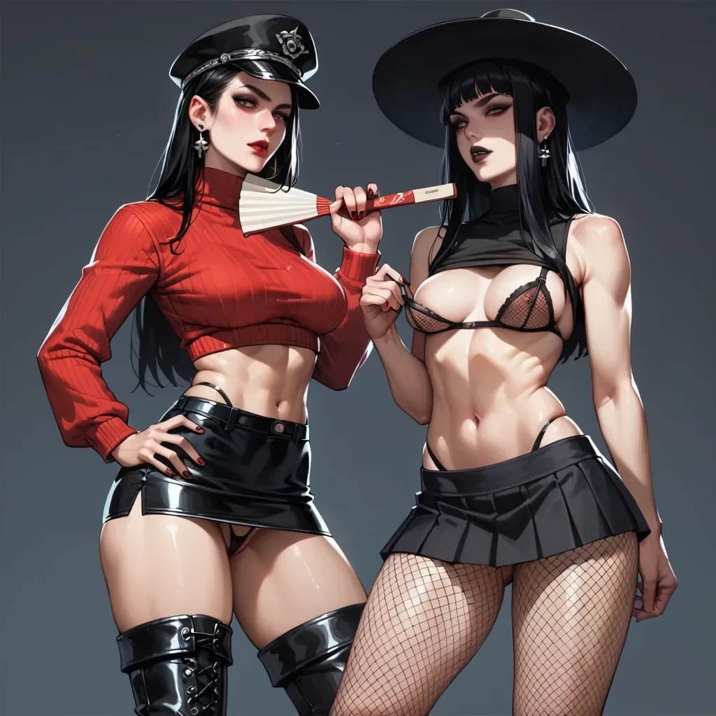 2girl, , , , balls on nose,hand fan,perky breasts,from waist up,broad shoulders, red sweater,tights,highleg panties,micro thong,knee boots, tank top,fishnet,black hat,mini skirt bra,gothic boots, alley, cyberpunk, detailed photo, well-lit, princess zelda, wonder woman, dynamic pov