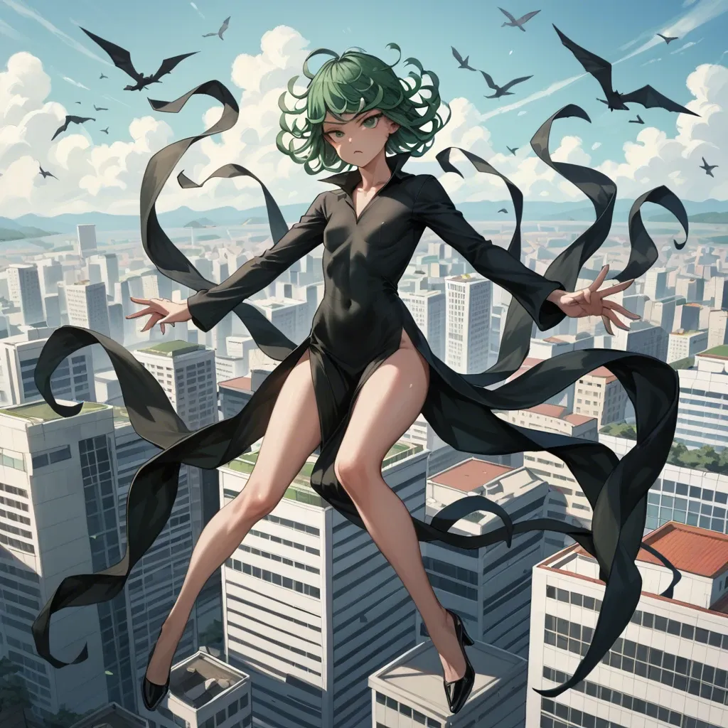 1girl, solo, , , , character tatsumaki, (perfect face: 1,2), (beautiful green eyes: 1,1), (very skinny), in black dress with long sleeve, in black heel, floating in the air, background is city, motion lines