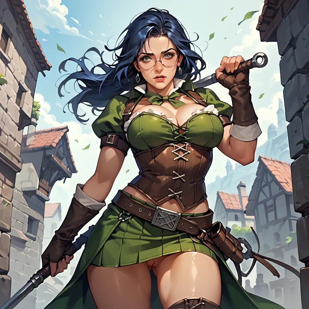 cute fantasy adventurer girl with dark blue hair. She has skirt, corset, big breasts, round glasses, rogue