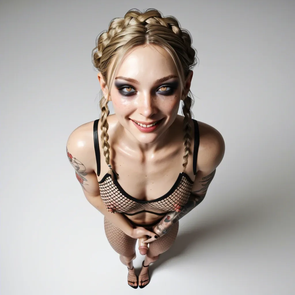 Femboy,Veiny penis,3d, freckles,slender crooked nose,veiny,large breast,white paled,slim contexture,crown braids dark blonde,no makeup makeup,high angle,big smile,tattooed,full body fishnets