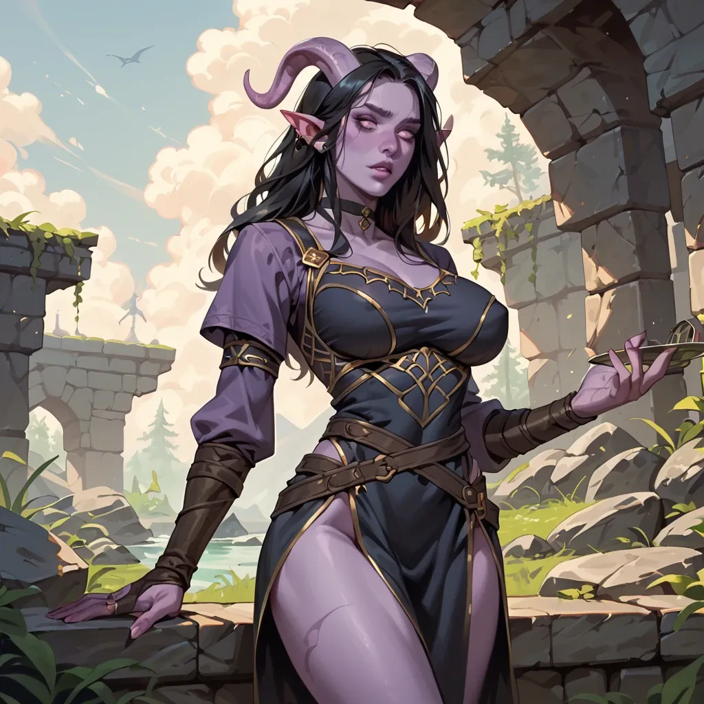 young cute tiefling girl with black hair and purple skin; skinny, big breasts, adventurer. Metal breastplate, tunic, skirt, lethaer belts, choker