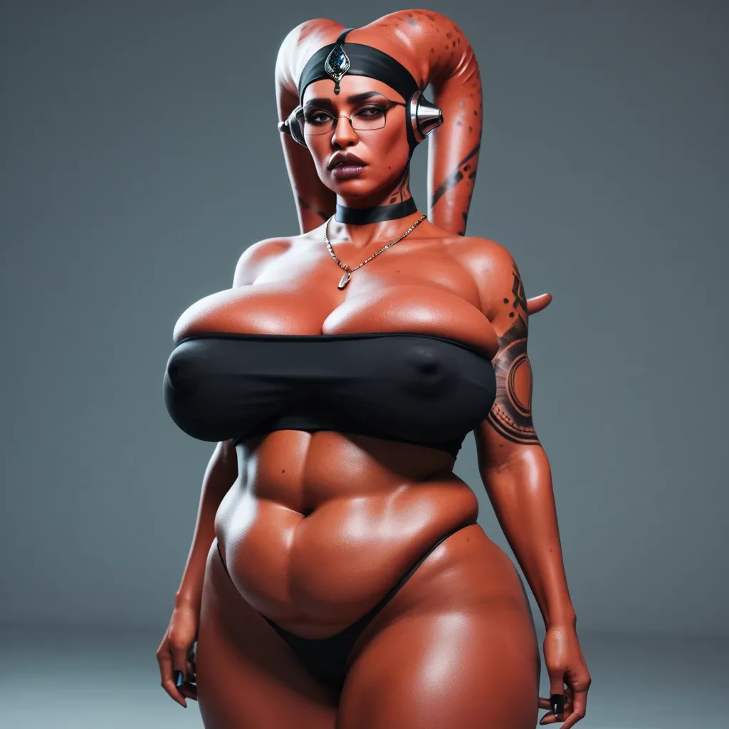 3d, indian Hindi twi'lek, covered ears, red skin, black tattoos, sagging breasts, hyper lips, thick black rim glasses, black tube top, obese, slutty