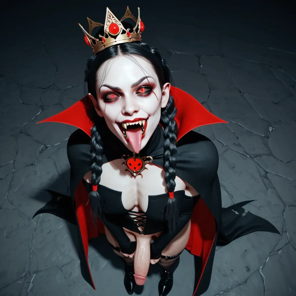 Femboy,Hard penis,large breast,3d,slender crooked nose,crown braids,very tall,vampire, vampire clothes,cape,evil face fangs,high angle