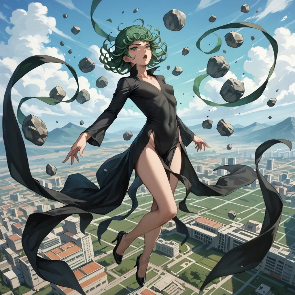 1girl, solo, , , , character tatsumaki, (perfect face: 1,2), (beautiful green eyes: 1,1), (very skinny), in black dress with long sleeve, in black heel, floating in the air, landscape is city, (side view: 1,1), back view, manga effects, motion lines