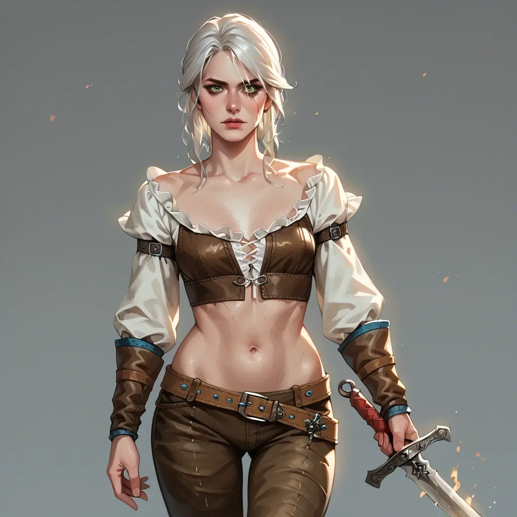 Ciri,the witcher,petite body,long white hair,bangs,witcher outfit,long pants,green eyes,sword,looking at viewer,medieval background