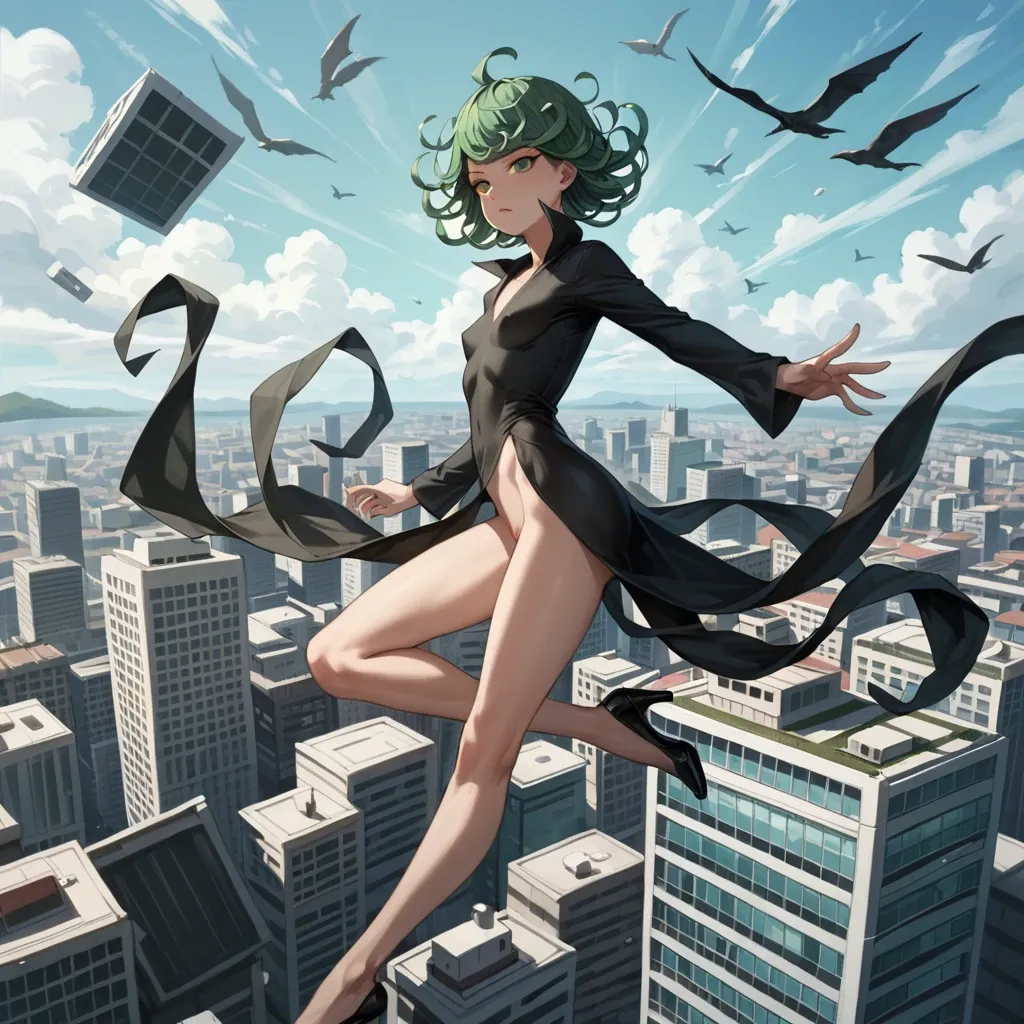 1girl, solo, , , , character tatsumaki, (perfect face: 1,2), (beautiful green eyes: 1,1), (very skinny), in black dress with long sleeve, in black heel, floating in the air, background is city, motion lines