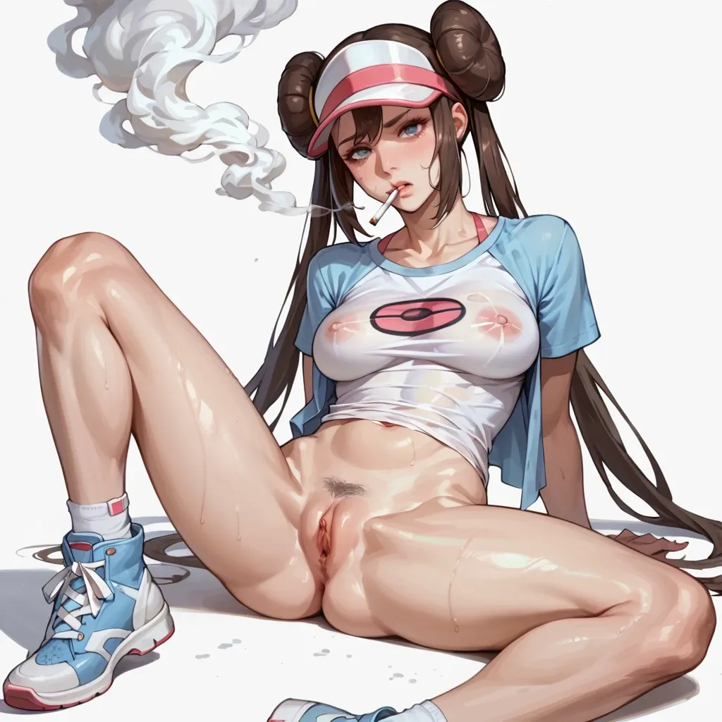 Rosa, Pokemon, anime style, sitting, spread legs, smoking cigarette