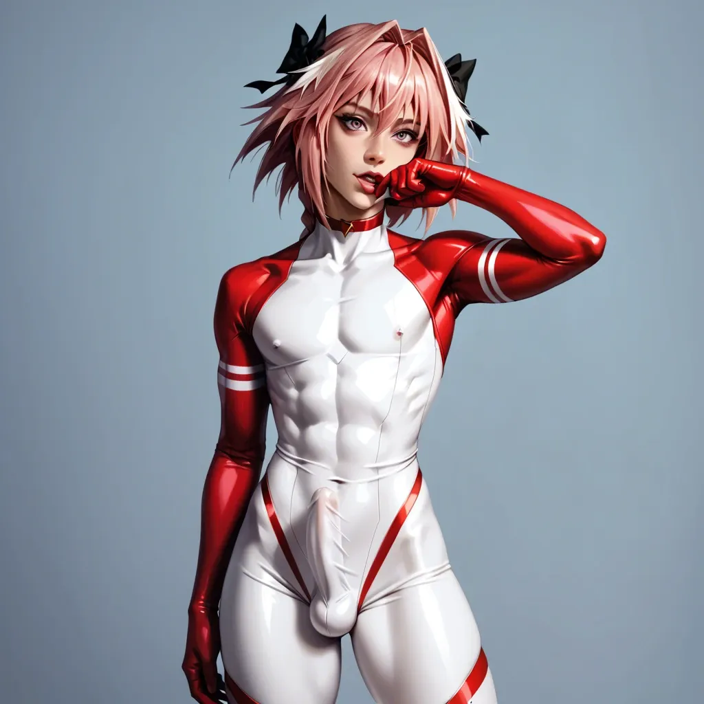 femboy Astolfo, curvy man, feminine man, (bodysuit, erect under clothes)