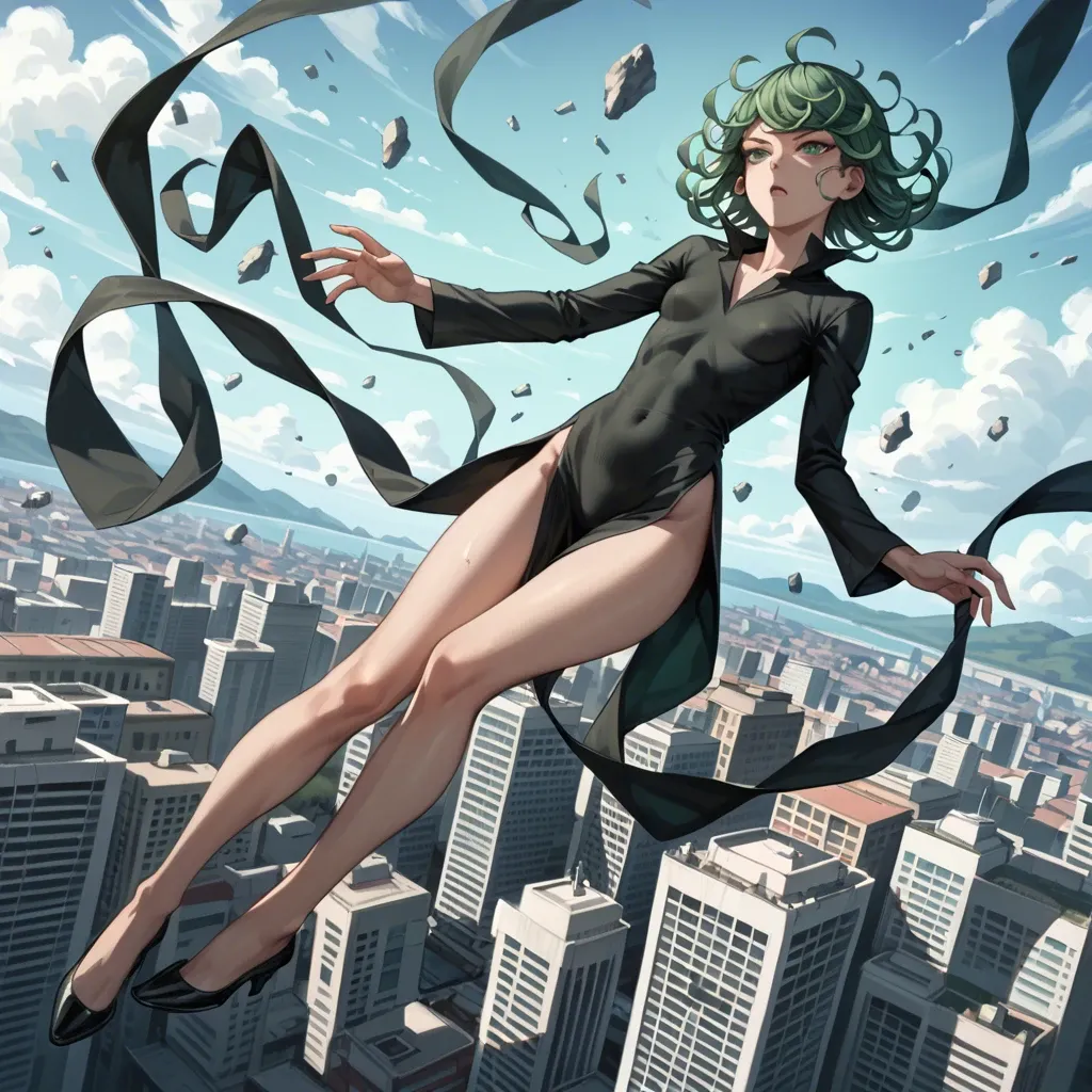 1girl, solo, , , , character tatsumaki, (perfect face: 1,2), (beautiful green eyes: 1,1), (very skinny), in black dress with long sleeve, in black heel, floating in the air, background is city, back view,motion lines