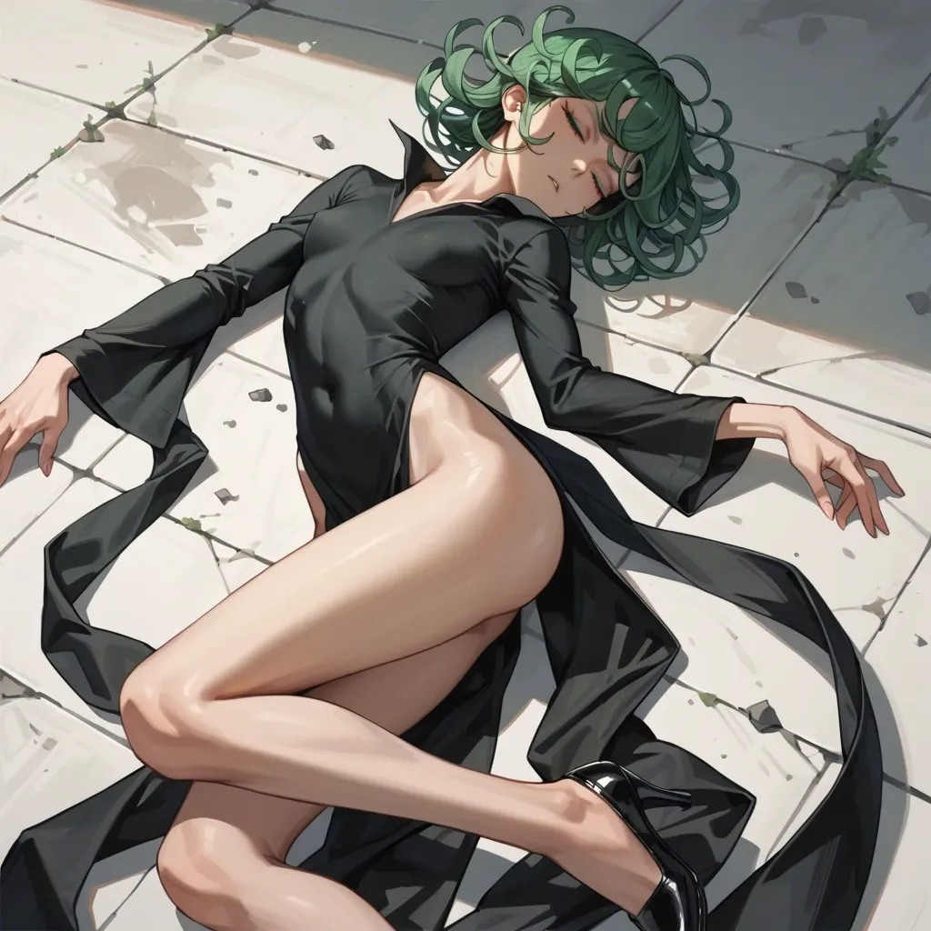 1girl, solo, , , , character tatsumaki, (perfect face: 1,2), (beautiful green eyes: 1,1), (very skinny: 1,1), in black dress with long sleeve, in black heels, sleeping on the ground, forest, manga effects