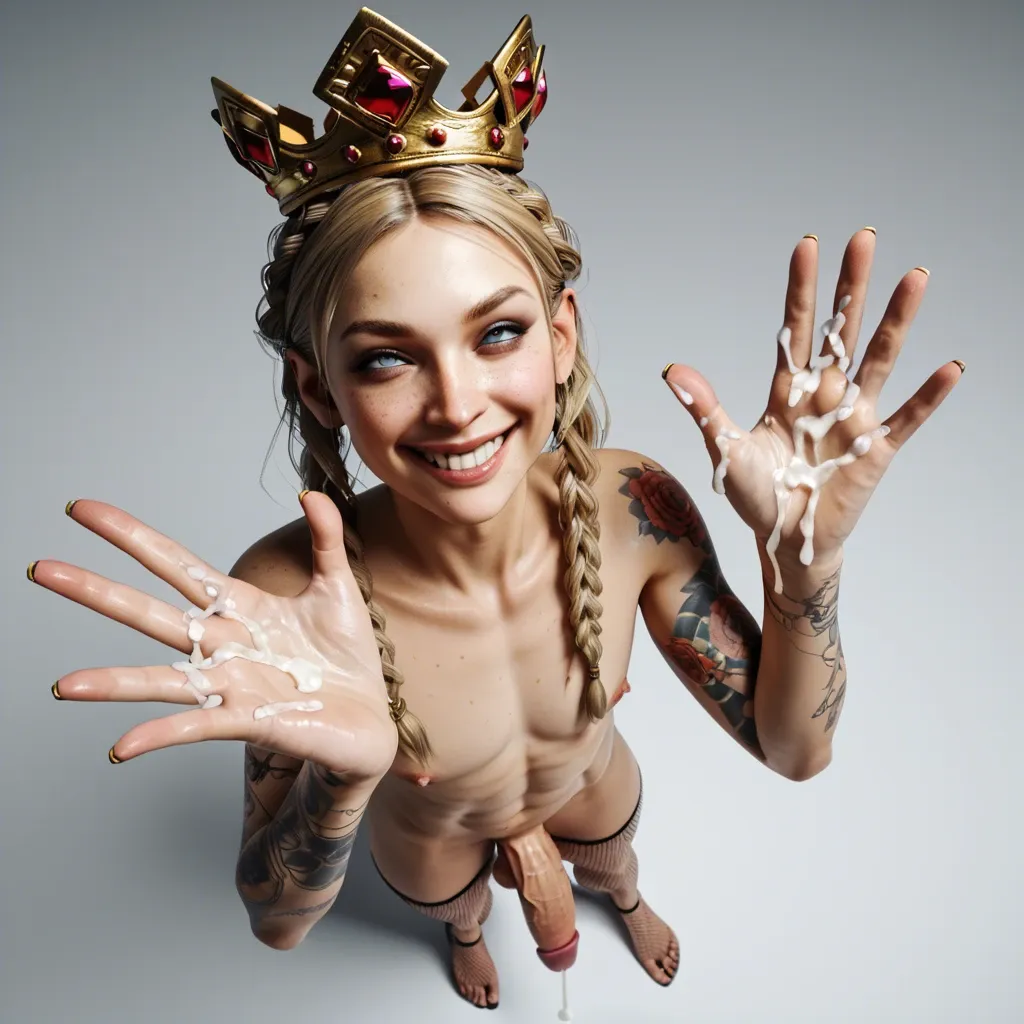 Femboy,Veiny penis,3d, freckles,slender crooked nose,veiny,white paled,slim contexture, crown braids dark blonde,high angle,big smile,tattooed,full body fishnets,enormous hands,cum hands,