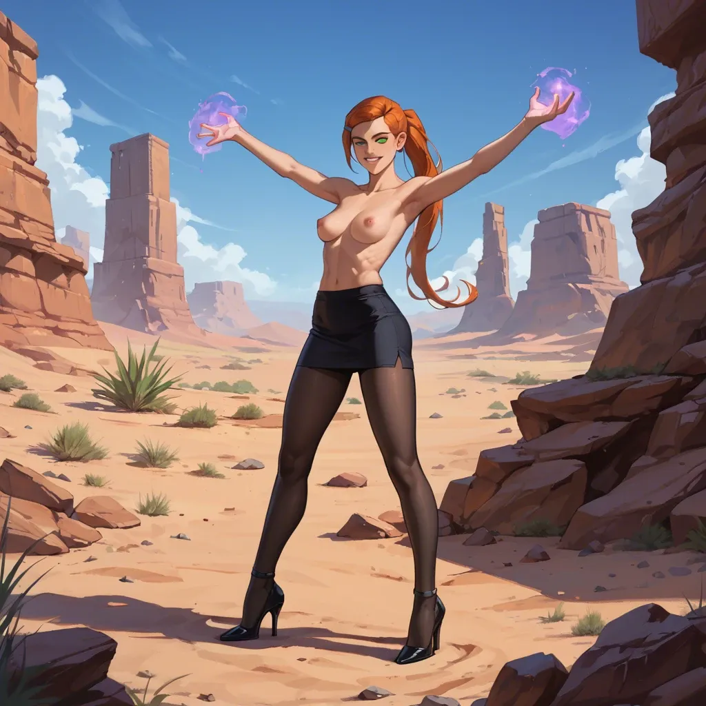 gwen tennyson from ben 10 alien force, green eyes, smiling, long ponytail, topless, black tights, black pencil skirt, black heels, standing, raising arms, purple magic, outside, desert, night