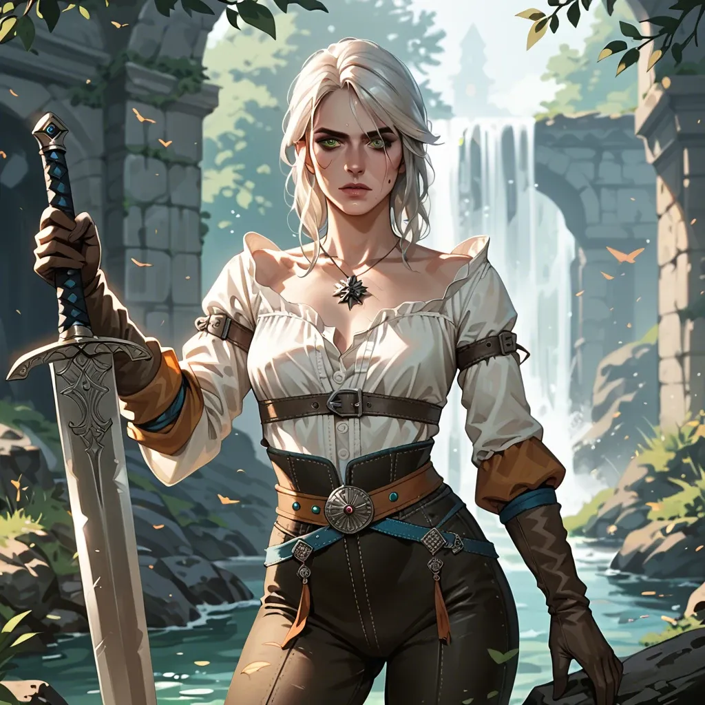 Ciri,the witcher,petite body,long white hair,bangs,witcher outfit,long pants,green eyes,sword,looking at viewer