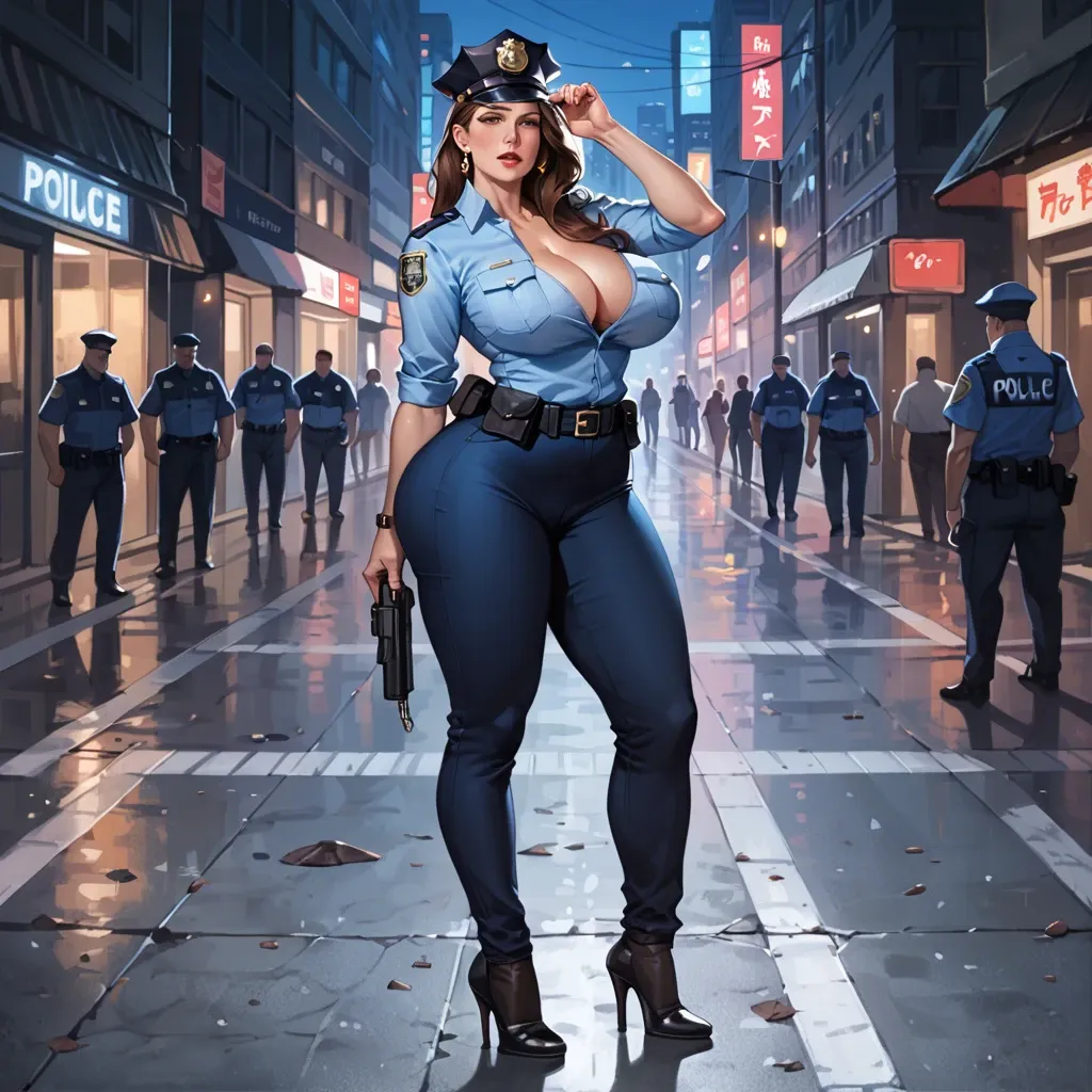 Police uniform, milf, seductive, big tits, big ass, cleavage, long hair, night city, dressed, brown hair, cap, full body