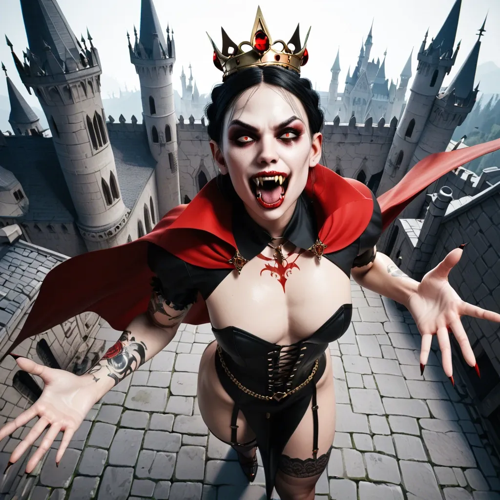 Femboy,Hard penis,large breast,3d,crown braids,very tall,vampire, vampire clothes,cape,evil face fangs,high angle, tattoos,thrown, castle,