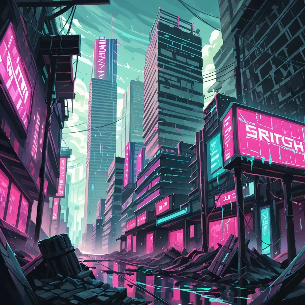 A futuristic cityscape with glitched and distorted buildings, neon lights, vibrant color shifts, and corrupted artifacts, in the style of glitch art, inspired by Phillip Stearns, highly detailed, 8k, digital painting, artstation, concept art, by a glitch artist