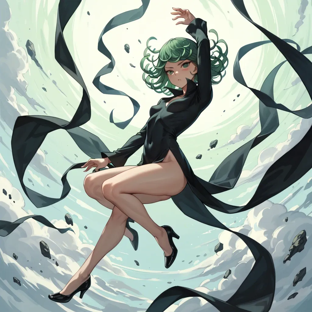 1girl, solo, , , , character tatsumaki, (perfect face: 1,2), (beautiful green eyes: 1,1), (very skinny), in black dress with long sleeve, in black heel, floating in the air, looking straight, background is city, (side view: 1,1), manga effects, motion lines