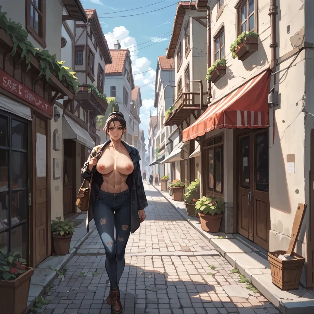 Maf futa stands on the village street with an erection