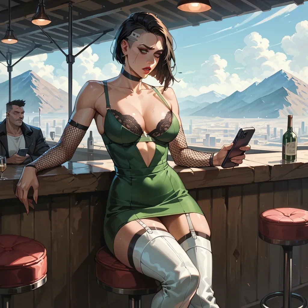 2girl, , , , cheekbones,knee-high,whore cleavage,tummy,broad shoulders, dark green gown,fishnet sleeve,garter belt,lace bra,white boots, bar, mountain, cyberpunk, phone exposure, western cartoon, studio lighting, tifa lockhart, elsa hair, dynamic pose