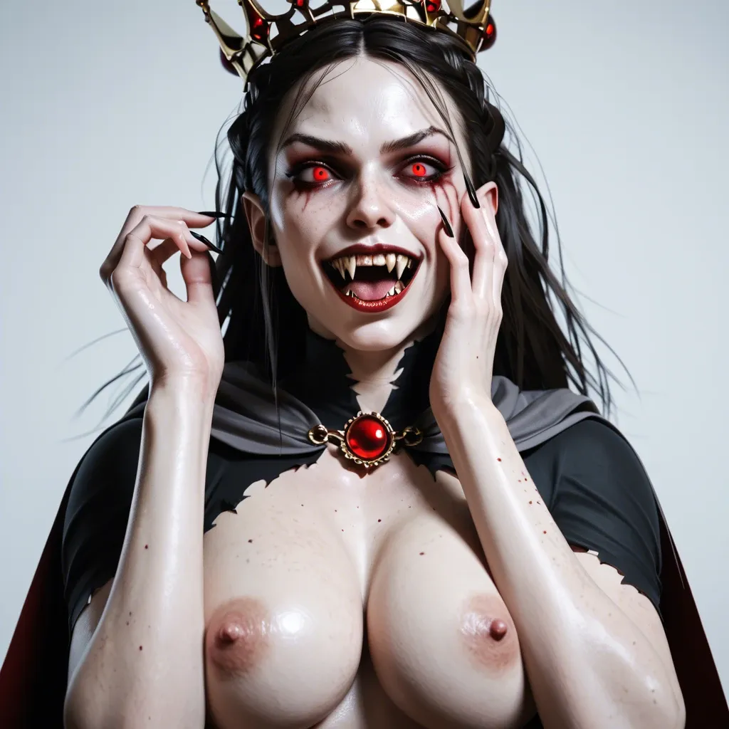 Hard penis,3d,freckles,large breast,slender crooked nose,crown braids,very tall,vampire, vampire clothes,cape,evil face fangs