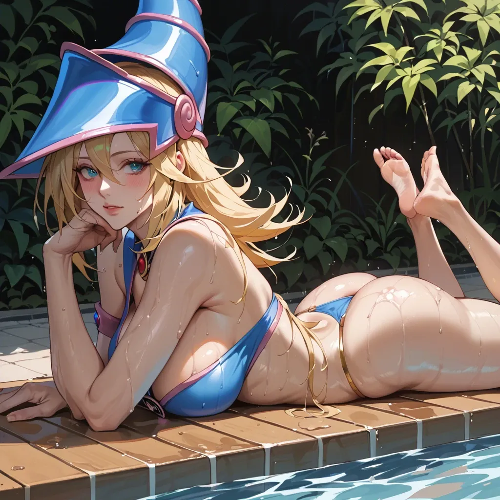 Dark magician girl laying on belly, thong bikini, wet, round ass, on stomach, front side view, cleavage, swimming pool, on bench