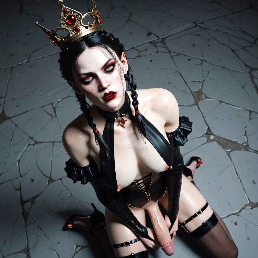 Femboy,hard penis,3d,freckles,slender crooked nose,large breast,slim contexture,crown braids,very tall,high angle,vampire, mistress uniform,