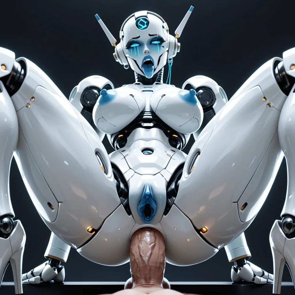 robot, fuck silicon pussy, massive cun, robot face, visible tongue, sharp teeths, ahegao, futa