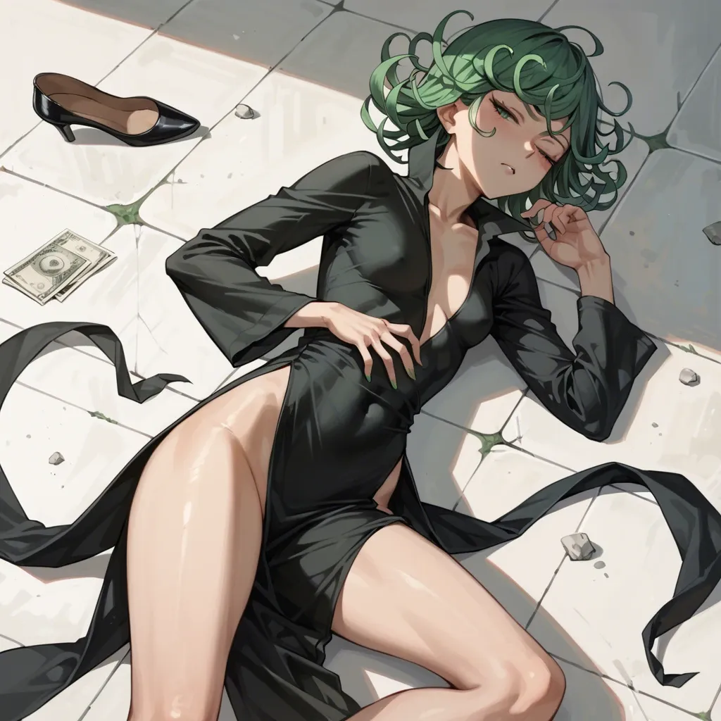 1girl, solo, , , , character tatsumaki, (perfect face: 1,2), (beautiful green eyes: 1,1), (very skinny), in black dress with long sleeve, in black heel, sleeping on the ground, manga effects