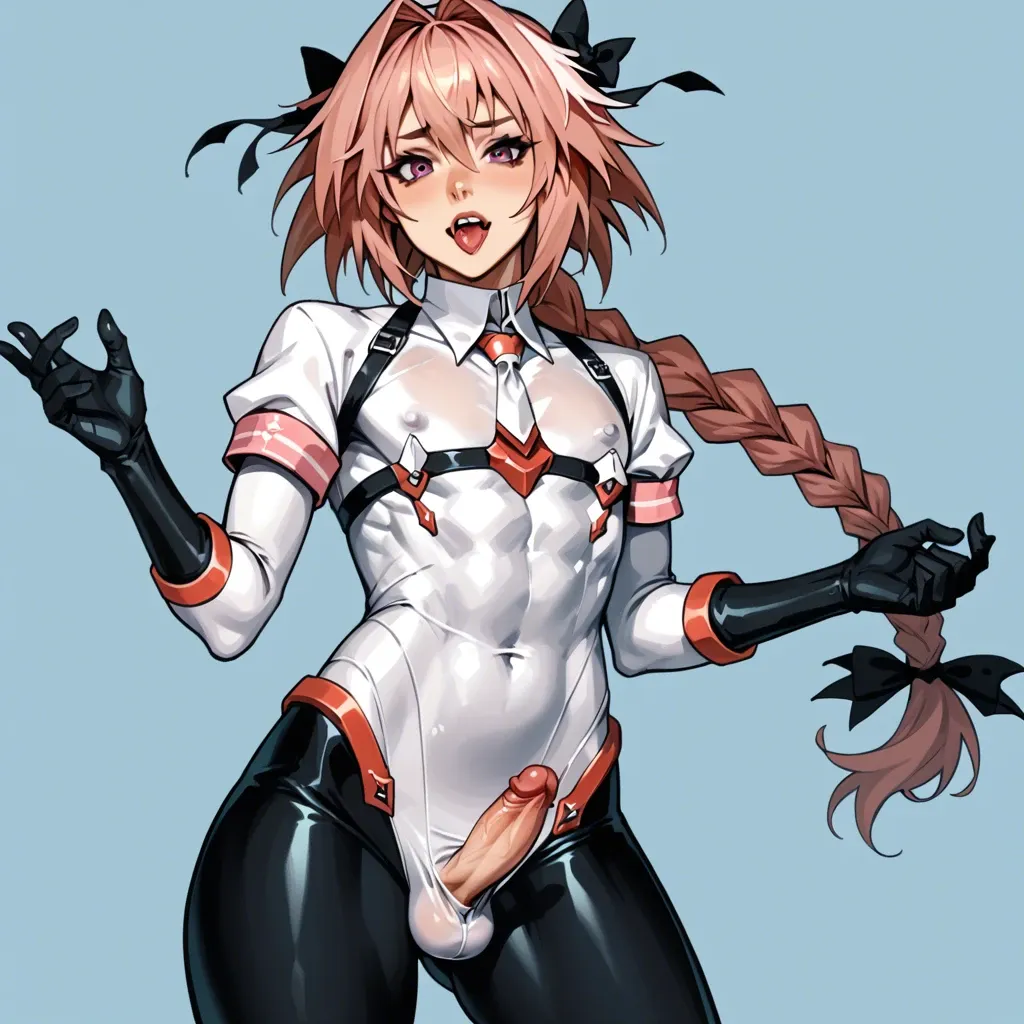 femboy Astolfo, curvy man, feminine man, (bodysuit, penis beneath clothes, penis under clothes)