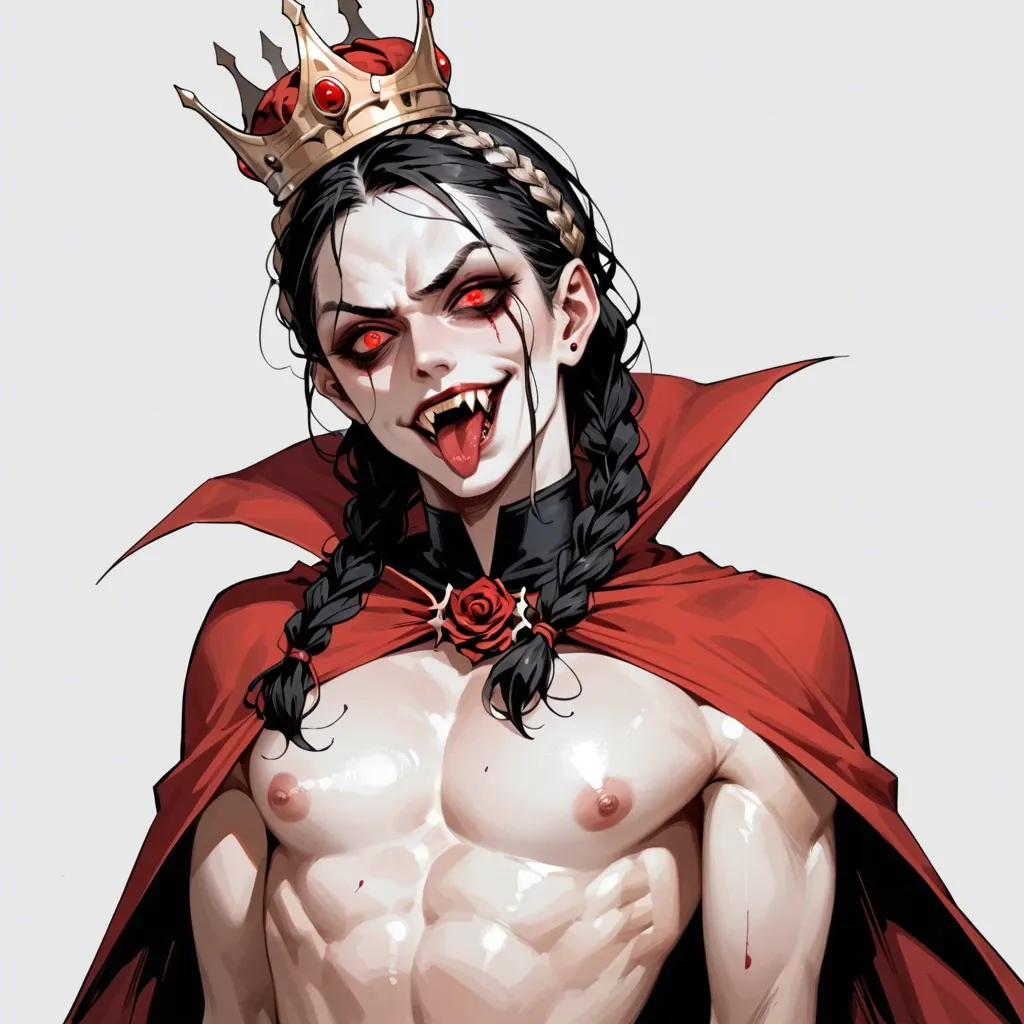 Femboy,Hard penis,large breast,slender crooked nose,crown braids,very tall,vampire, vampire clothes,cape,evil face fangs