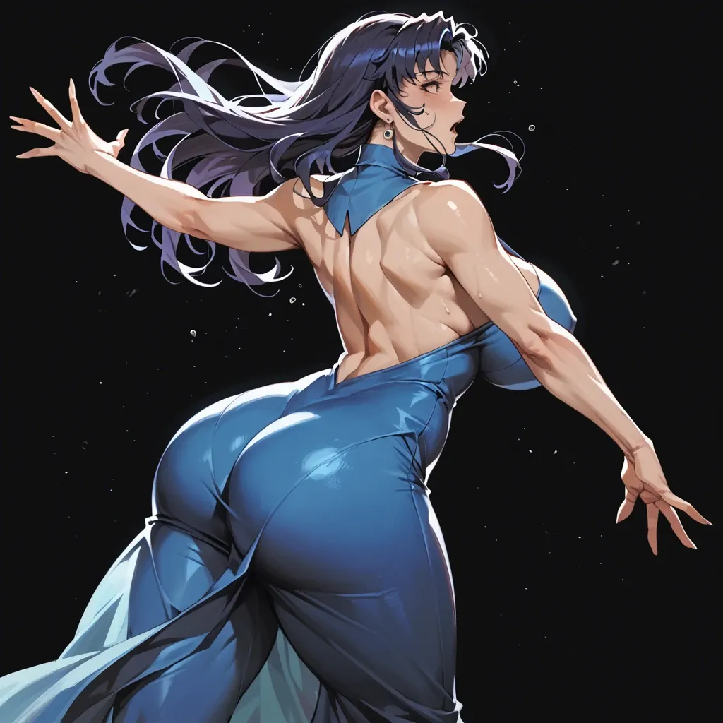 1 girl, Misato Katsuragi, show sided face, profile pose, detailed face, focus from behind, do not show hands, massive ass, massive breast, wearing dress, backless dress, tight ass, black background