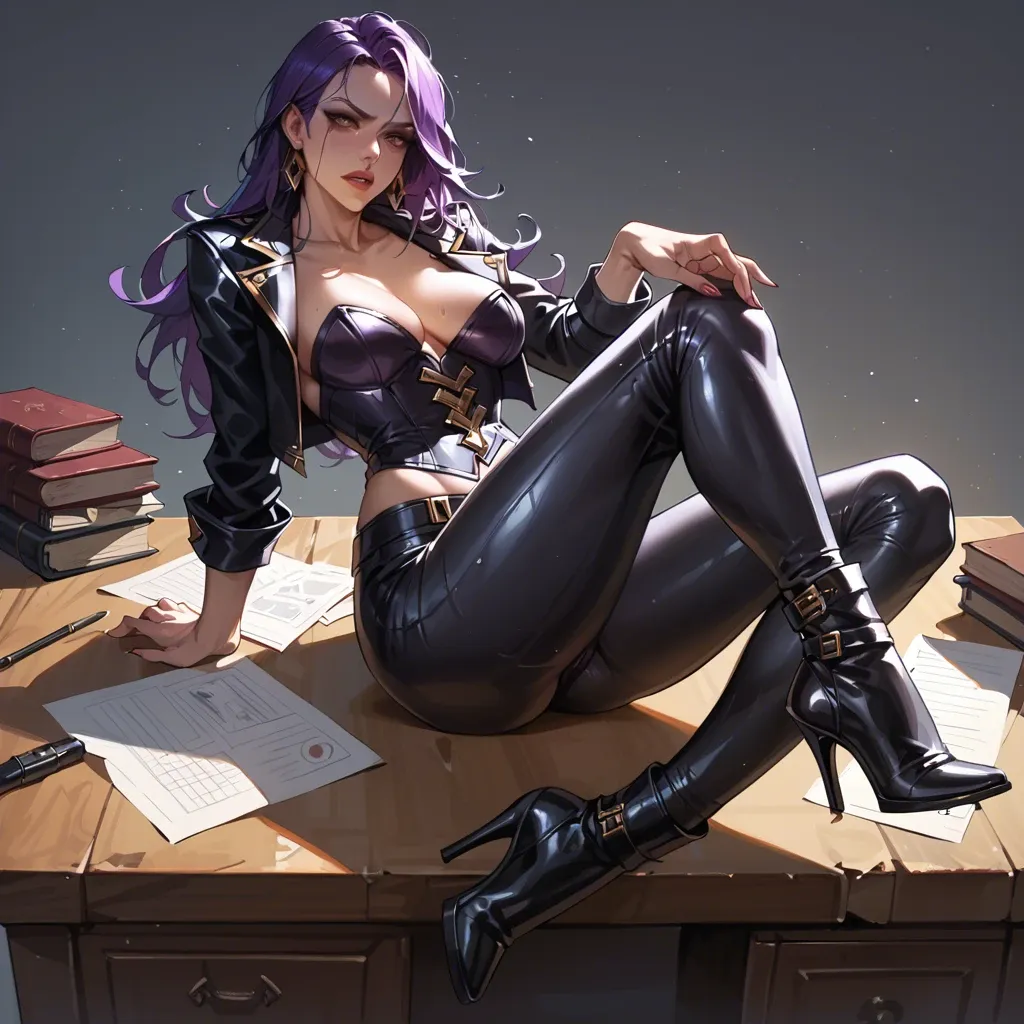 a girl with straight purple hair in tight leather trousers, a gold corset and black leather high heeled ankle boots sitting on a desk seductively. in the league of legends art style ,