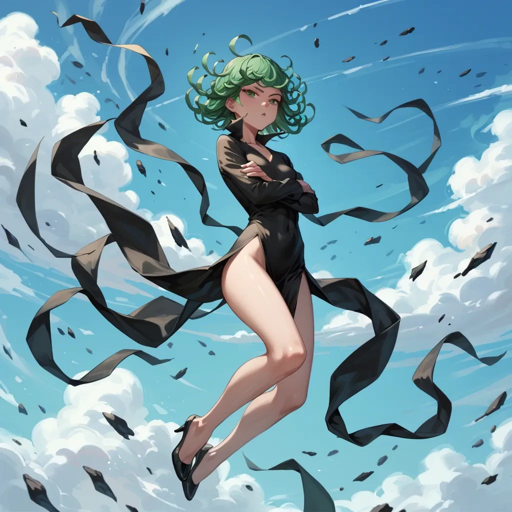 1girl, solo, , , , character tatsumaki, (perfect face: 1,2), (beautiful green eyes: 1,1), (very skinny), in black dress with long sleeve, in black heel, floating in the air, arms crossed, background is city, back view, motion lines